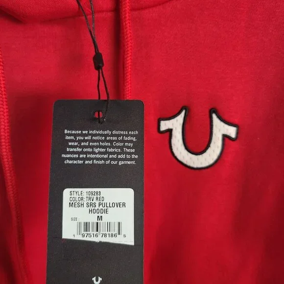 NWT True Religion World Tour Mesh Graphic Pullover Hoodie in Vibrant Red Sz M